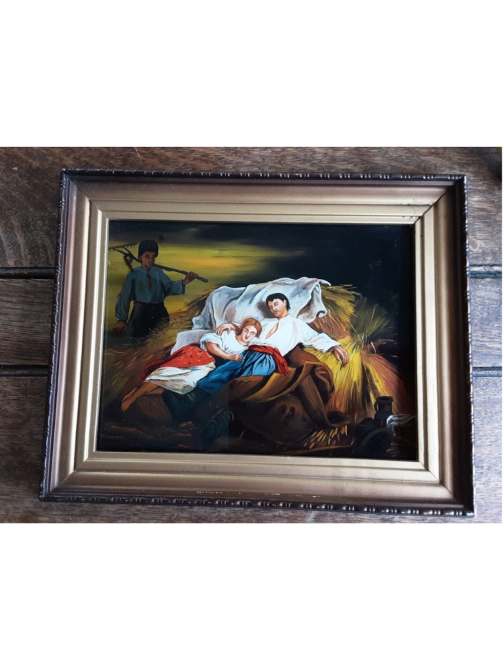 REVERSE GLASS FOLK PAINTING•RUSSIAN COPY•IN THE HAYLOFT•RICH COLOR•VTG/ANTIQUE